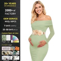 Robe de maternité sur mesure vert sauge pour séance photo, épaules dénudées, fleurs 3D, fente, service de personnalisation du fabricant