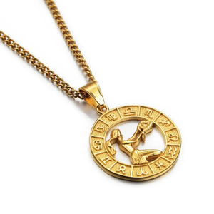 Collier vintage en acier inoxydable plaqué or, bijoux avec pendentif creux représentant les 12 signes du zodiaque - Product Image 1