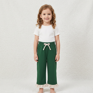Pantalon large pour filles Longlv, vert, style chinois, imprimé, respirant, en tricot Spandex/Polyester, avec ourlet à volants et cordon de serrage à nœud - Product Image 1