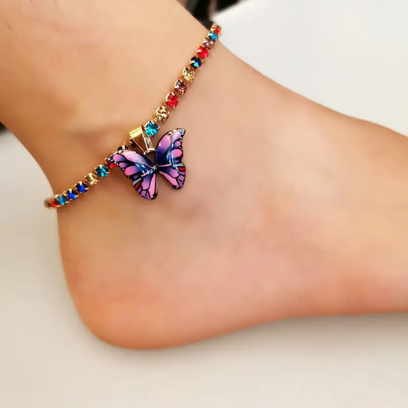 Tornozeleira criativa americana, tornozeleira pingente em cristal de borboleta, nova cor popular, de diamante, borboleta, para mulheres