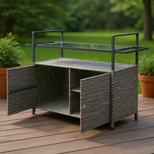 Chariot de bar moderne d'extérieur en rotin PE avec plateau en verre, 2 niveaux de rangement, roulettes, gris, mobilier de patio - Product Image 2