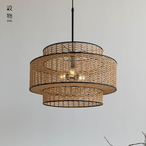 Lustre rond en rotin fait à la main, luminaire suspendu LED à trois têtes E27, pour salle à manger, salon, chambre à coucher, salon de thé, Style Zen - Product Image 5