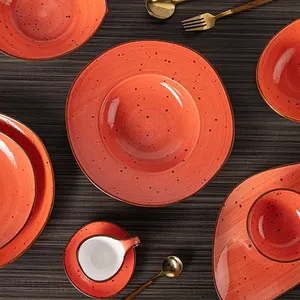 El-boyalı rustik seramik yemek tabakları kaseler Set sofra toptan porselen yemek benek çanak çömlek restoran kullanılan