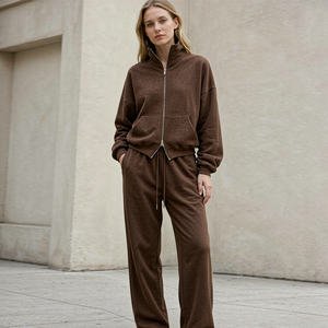 Women Two Piece Sportswear Long Sleeve Full Zip High Collar Sweatshirt Elastic Waist Wide Leg <b>Trousers</b> Custom Logo Suit - Product Image 2