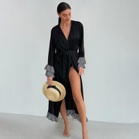 Chemise de nuit longue en satin noir à pois pour femme RUIYI, manches longues, volants – Sexy, longueur intégrale, pour printemps/été/automne, douce