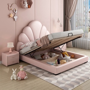 현대 핑크 침실 가구 고급 디자인 공주 표준 크기 단단한 나무 저장 집 어린이 침대 여자 아이 - Product Image 3
