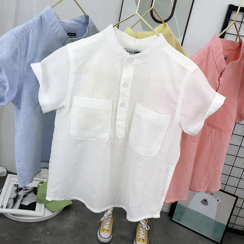 Ins-ropa de Boutique Popular para niños, camisa informal de algodón y lino de manga corta de Color sólido para verano