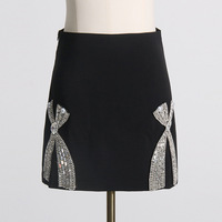 Ocstrade mode 2023 nouveau strass nœud décoration costume court enveloppement hanche demi jupe luxe noir veste deux pièces jupe ensemble