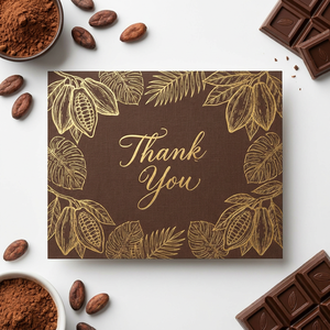 Cartes de remerciement personnalisées en papier brun chocolat avec feuille de cacao dorée, texture lin et motif feuille tropicale, gaufrées, pour emballage cadeau de luxe, en gros - Product Image 1
