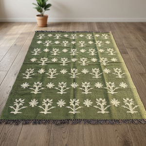 Handwoven Green Area <b>Rug</b> With White Floral Pattern Fringe Bohemian Style Living Room Carpet Rectangle Wool Acrylic Jute Backing - Product Image 5