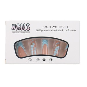Faux ongles à presser rose nude bleu style <span class=keywords><strong>français</strong></span> avec perles dorées, longs, forme cercueil, brillants, réutilisables, pour usage quotidien, fêtes, salon, OEM - Product Image 4