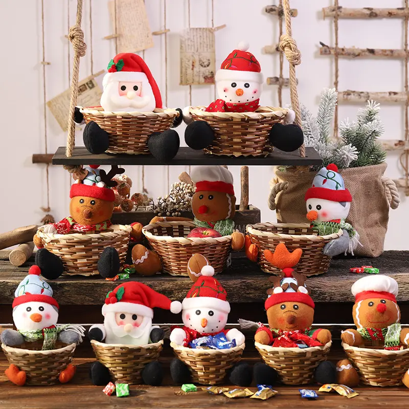 Cesta de Navidad para almacenamiento de dulces, cesta de bambú tejida para regalo de Navidad, Papá Noel