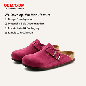 Mules à semelle en bois style fille, sabots en cuir nubuck de vache pour femme, pantoufles en daim sans talon, faciles à enfiler, confortables, vente en gros - Product Image 1
