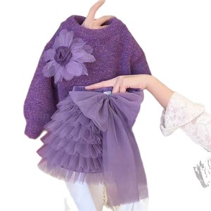 Tongxingyuan Girls Purple Tulle Sweater With Flower Bow Tutu Skirt Set Winter New Year Outfit - Product Image 5