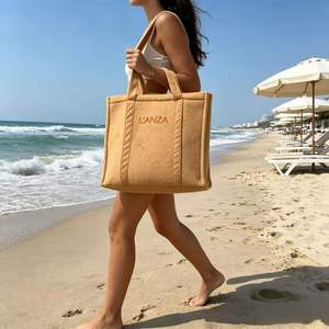 กระเป๋าช้อปปิ้งผ้าเทอร์รี่สีพื้นแบบขายส่ง กระเป๋าหิ้วชายหาดขนาดใหญ่ ปักโลโก้ กระเป๋าถือสำหรับเดินทาง - Product Image 4
