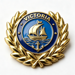 Badge Victoria en émail dur plaqué or, emblème souvenir circulaire avec motif bateau et ancre - Product Image 1