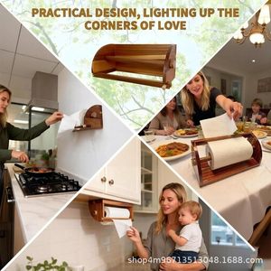 Wooden <b>Paper</b> Towel Holder Wall Mount Adjustable <b>Kitchen</b> Roll Holder Rustic Design Acacia Wood Grain Color Rectangular Shape - Product Image 4