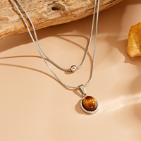 Collier pendentif en pierre œil de tigre, double couche, en acier inoxydable, chaîne serpent ronde, accessoires en or 18 carats, TGXL10532