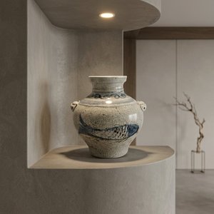 <span class=keywords><strong>Vaso</strong></span> in Porcellana Screpolata Stile Transizionale con Manici a <span class=keywords><strong>Testa</strong></span> di Leone e Motivo Tradizionale Pesce Blu per Decorazione Console Ingresso - Product Image 4