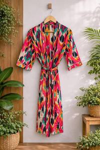 Bata Kimono de Algodón Estampada a Mano, Ropa de Dormir con Estampado de Bloques, Bata de Baño de Verano - Product Image 4