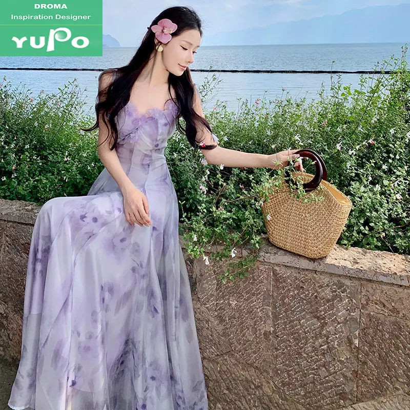 Drroma siap kirim diskon besar gaun liburan pantai kualitas tinggi musim panas gaun halter bunga gaya Perancis liburan 2024