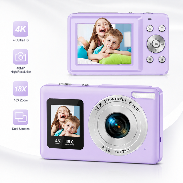 Dual Screen 4K Digital Camera with 2.4 Inch IPS Main Screen 1.3 Inch Front Screen Angle CMOS Sensor and Image Stabilization