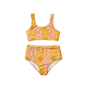 Traje de baño infantil de dos piezas con estampado hawaiano, personalizado de fábrica, de nailon reciclado de alta calidad para niñas. - Product Image 4