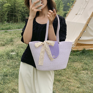 Bolso de hombro tejido tipo cubo, color blanco roto, color caqui, minimalista, para uso diario, verano 2023 - Product Image 4