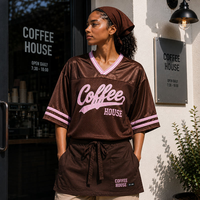Ensemble T-shirt et tablier en jersey à col en V marron rose pour femme, uniforme décontracté et sportif pour le personnel de café