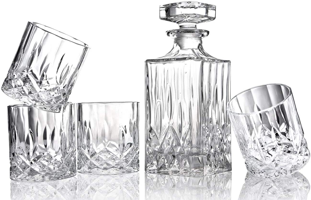 Crystal Whiskey Decanter & Whiskey Glasses Set, Crystal Decanter Set With 4 Whiskey Glasses, Whiskey Decanter Sets