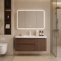 Meuble-lavabo mural et armoire miroir pour salle de bain, finition grain aluminium nid d'abeille, deux tiroirs de rangement, vasque en céramique, lampe tactile