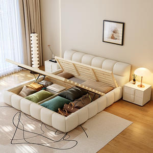 Letto Matrimoniale Contenitore Alto <span class=keywords><strong>in</strong></span> Tessuto Tecnologico Stile Moderno Semplice Italiano Panna con <span class=keywords><strong>Legno</strong></span> Massello per Camera da Letto Padronale - Product Image 4