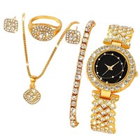 Jam Tangan Wanita Berkualitas Tinggi Murah Model Bulat Berhias Rhinestone 5-piece Set Perak Perhiasan Quartz Kasual