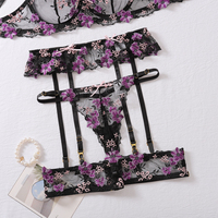 Ensemble de lingerie romantique et sexy pour femme, 4 pièces, avec broderie florale en dentelle lavande, soutien-gorge en maille ultra-fine 5/8 bonnet, string et porte-jarretelles