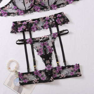 Ensemble sexy 4 pièces pour femmes, dentelle lavande, broderie florale, lingerie française, soutien-gorge et string en maille ultra-fine avec anneaux de jambe - Product Image 3