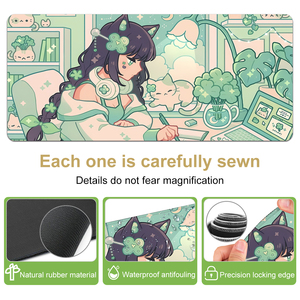 Grand <span class=keywords><strong>tapis</strong></span> <span class=keywords><strong>de</strong></span> <span class=keywords><strong>souris</strong></span> <span class=keywords><strong>de</strong></span> jeu personnalisé vert <span class=keywords><strong>kawaii</strong></span> mignon avec motif <span class=keywords><strong>de</strong></span> chat, bords cousus, design trèfle à quatre feuilles, caoutchouc imperméable en stock - Product Image 2
