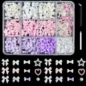 12 Grid Candy Color Bow Nail Charms Mixed Resin 3D Acrylic Bow Rhinestone Manicure Nail Art Decorations - Product Image 2