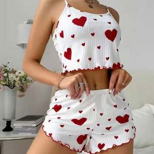 Ensemble de pyjama sexy pour femmes en soie de lait à imprimé nœud en forme de cœur, 2 pièces, débardeur et short doux, vêtements de nuit pour femmes - Product Image 3