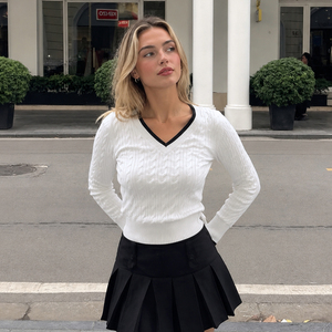 Suéter de Mujer Estilo Preppy, Cuello en V a Rayas, Tejido de Cable, Manga Regular, Informal, de Moda, Otoño, 100% Poliéster - Product Image 3