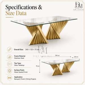 Mesa de Comedor Rectangular de Vidrio y Acero Inoxidable Dorado de Alta Gama con Base Escultural en Forma de Abanico para Proyectos de Banquetes - Product Image 5
