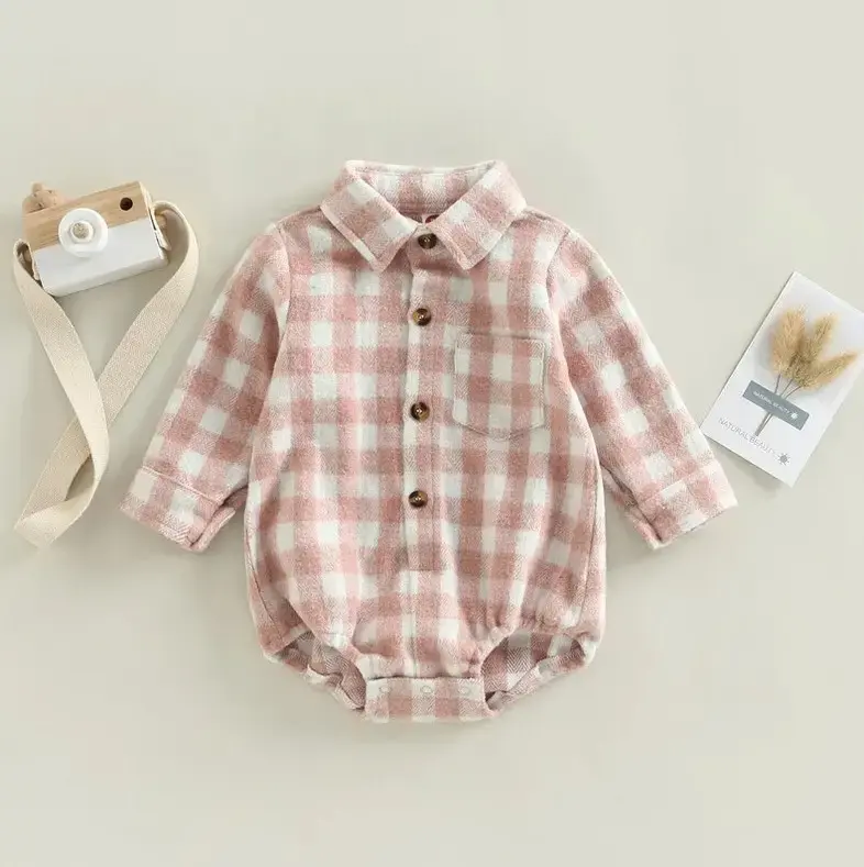 Checkered Baby Romper Newborn Designer Baby Clothes Oversized Flannel Shirt Plaid Baby Bodysuit