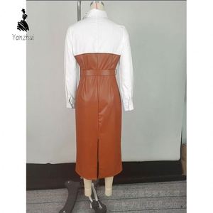 Abito da ufficio autunnale da donna alla moda, casual, in similpelle con patchwork a contrasto di colore, a maniche lunghe, con cintura. - Product Image 4