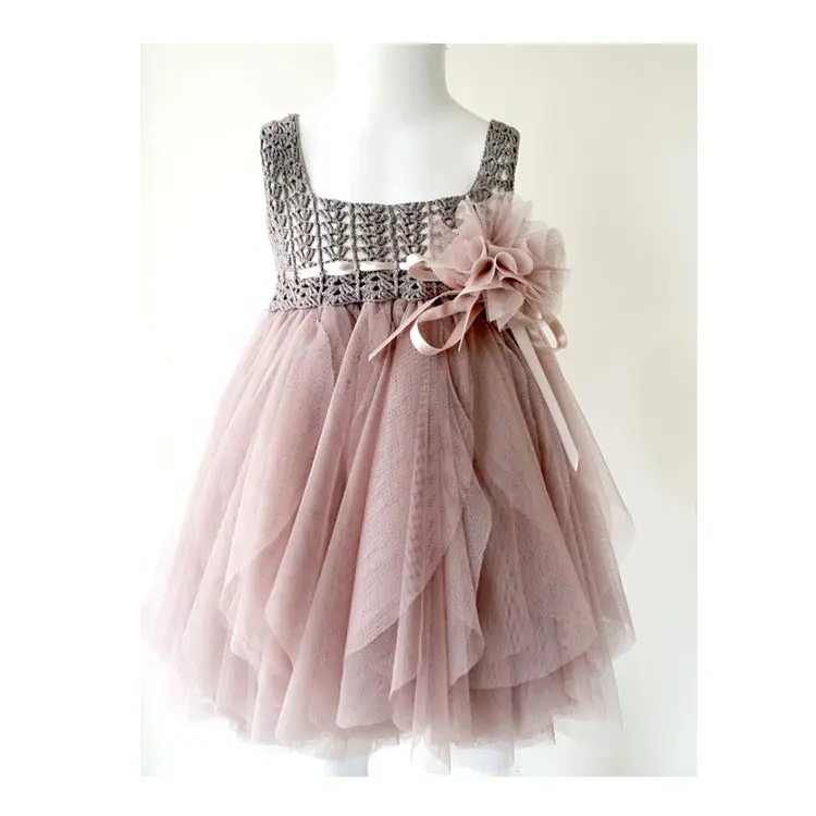 Taupe and Pink Beige Empire Waist Girl Tulle Dress with Stretch Crochet Tutu Top