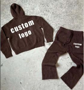 LOGO personalizzato con ricamo Jacquard Logo da uomo con cerniera spazzolata con cappuccio maglione e pantaloni in Mohair lavorato a Mohair completo completo - Product Image 4