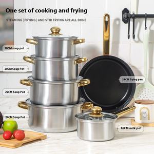 Juego de utensilios de cocina de diseño clásico de acero inoxidable de 12 piezas, tapas de vidrio, <span class=keywords><strong>estufa</strong></span> de <span class=keywords><strong>Gas</strong></span>, incluye olla de leche, olla para sopa, combinación de sartén - Product Image 3