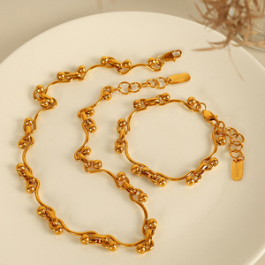 Gold Plated Titanium Steel <b>Bracelet</b> And Necklace Set <b>Ball</b> Chain Design Unisex Fashion Jewelry - Product Image 1