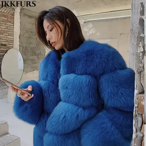 Jancoco Winter Thick Warm Genuine Finland Crop Jacket Real Fox Cropped Blue Fur Coat Women