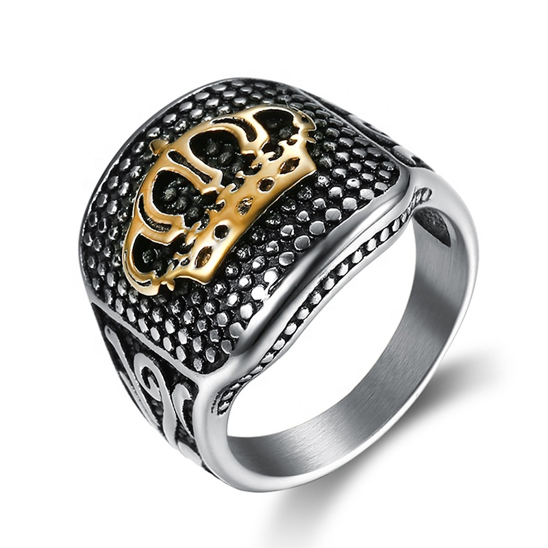 MOWEN Men's Vintage Kings Crown Ring | 8mm Wide 316L Stainless Steel Silver & Black Ring - View #6