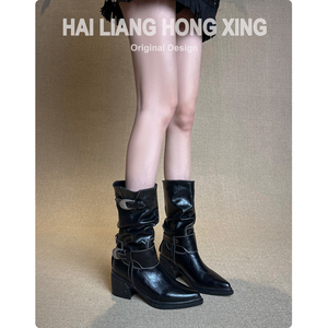 Botas de media pantorrilla estilo western con punta puntiaguda, caña fruncida, correas de doble hebilla y tacón de bloque, calzado casual para mujer, estilo urbano - Product Image 3