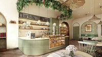 Aménagement intérieur de boulangerie minimaliste, mobilier d'exposition pour salon de thé, comptoirs de café modernes en bois